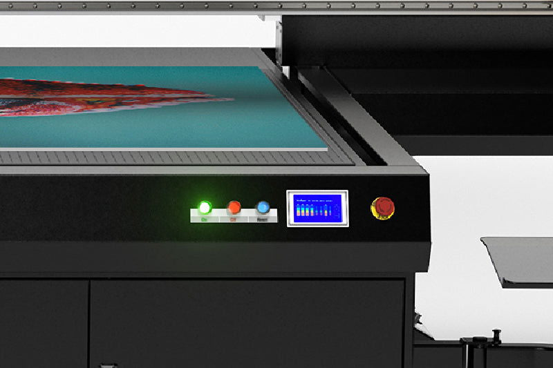 Roland EU-1000MF UV Flatbed  Printer in action printing onto material - signmastersystems